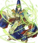  1boy attack blue_cape blue_gloves book cape dark_blue_gloves fingerless_gloves fire_emblem fire_emblem:_mystery_of_the_emblem fire_emblem_heroes gloves green_eyes green_hair highres holding holding_book merric_(fire_emblem) merric_(wind_pontifex)_(fire_emblem) multicolored_cape multicolored_clothes non-web_source official_alternate_costume official_art open_book open_mouth pointy_hat red_cape sandals short_hair solo wind 