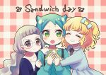  3girls :o ^_^ black_ribbon blonde_hair blue_bow blue_cardigan blue_dress blue_hair blue_sweater blunt_bangs bow cardigan closed_eyes closed_mouth collared_dress commentary_request dress fang food freckles girl_sandwich glasses green_eyes grey_hair hair_bow hair_horns hand_on_another&#039;s_arm hand_on_another&#039;s_shoulder hands_up highres holding holding_food hug idol_time_pripara koda_michiru koyoshi_yoko long_hair long_sleeves looking_at_another low_twintails multiple_girls neck_ribbon nijiiro_nino open_mouth pretty_series pripara red_background ribbon ringlets sandwich sandwiched shirt short_hair smile star_(symbol) suspenders sweater twintails two_side_up upper_body wavy_hair white_shirt yumekawa_yui 