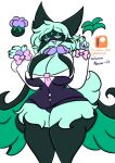 4_fingers anthro big_breasts breasts clothing female fingers fur generation_9_pokemon green_body green_hair hair hi_res lewdchuu_(artist) meowscarada nintendo patreon pokemon pokemon_(species) purple_eyes shiny_pokemon shirt simple_background solo tail topwear white_background