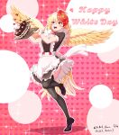  1girl absurdres animal_on_head apron bird bird_on_head bird_wings black_thighhighs blonde_hair breasts cake cleavage dress english_text feathered_wings food frilled_apron frilled_dress frills full_body highres holding holding_cake holding_food ldschem16 maid multicolored_hair niwatari_kutaka on_head open_mouth orange_eyes pink_background puffy_short_sleeves puffy_sleeves red_hair short_hair short_sleeves solo standing standing_on_one_leg thighhighs touhou two-tone_hair white_day wings yellow_wings 