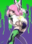  1girl artist_name ass asymmetrical_legwear ayakadegozans breasts drill_hair dynamax_band eyeshadow flipped_hair fur_jacket gloves hairband highres index_finger_raised jacket jewelry klara_(pokemon) knees_together_feet_apart makeup medium_breasts mismatched_legwear mole mole_under_mouth one_eye_closed pink_eyeshadow pink_hair pink_lips pointing pointing_at_viewer pokemon pokemon_swsh print_shirt print_shorts print_thighhighs purple_eyes ring shaded_face shirt short_hair shorts side_slit side_slit_shorts single_glove solo thighhighs twin_drills white_hairband white_jacket 