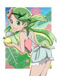  1girl bare_shoulders blush border dark-skinned_female dark_skin emapippi flower flower_ornament green_eyes green_hair grepa_berry grey_overalls hair_ornament highres ladle long_hair mallow_(pokemon) open_mouth outline overalls palm_leaf pokemon pokemon_sm simple_background solo twintails white_border 