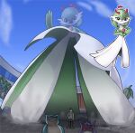  1boy blue_sky cloud colored_skin dress dynamax gardevoir gengar giant glowing glowing_eyes green_hair guqn multicolored_skin multiple_views palm_tree pink_eyes pokemon pokemon_(creature) sky smile snorlax tree two-tone_skin white_dress white_skin 