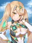  1girl absurdres aohoshi_non bare_shoulders blonde_hair blue_sky breasts cleavage cloud cloudy_sky commentary_request day dress elbow_gloves gloves hand_up headpiece highres large_breasts long_hair looking_at_viewer mythra_(xenoblade) outdoors sky sleeveless sleeveless_dress solo twintails upper_body very_long_hair white_dress white_gloves xenoblade_chronicles_(series) xenoblade_chronicles_2 