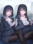  2girls black_hair black_pantyhose blazer blue_jacket blue_shirt blush breasts cellphone cleavage collarbone crossed_legs feet_out_of_frame highres holding holding_phone jacket large_breasts multiple_girls office_lady open_collar original pantyhose phone reflection shirt shougun_(chuckni1) sitting smile white_shirt 