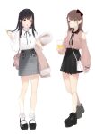  2girls ama_mitsuki bag bare_shoulders black_bow black_footwear black_hair black_ribbon black_skirt blush bobby_socks bow brown_eyes brown_hair clothing_cutout collared_shirt cup disposable_cup drinking_straw full_body hair_bow handbag highres holding holding_cup jirai_kei long_hair long_sleeves looking_at_another mask mask_pull mouth_mask multiple_girls neck_ribbon non-web_source open_mouth original pink_shirt plaid plaid_skirt platform_footwear puffy_long_sleeves puffy_sleeves ribbon shirt shirt_tucked_in shoes shoulder_bag shoulder_cutout simple_background skirt socks standing surgical_mask white_background white_shirt white_socks 