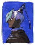  1boy blue_background closed_mouth dark-skinned_male dark_skin highres looking_to_the_side male_focus portrait sabyap short_hair sky:_children_of_the_light sky_child solo very_short_hair white_hair yellow_eyes 