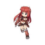  1girl arm_blade armor bikini_armor black_socks blue_eyes breasts brown_hairband brown_horns chibi cleavage closed_mouth dagger fake_horns full_body gauntlets guillotine_cross_(ragnarok_online) hairband holding holding_dagger holding_knife holding_weapon horns kneehighs knife leaning_forward long_hair looking_afar looking_to_the_side medium_breasts official_art pauldrons ragnarok_online red_armor red_hair reverse_grip shoulder_armor shrug_(clothing) sidelocks simple_background smile socks solo standing tachi-e transparent_background walking weapon yuichirou 