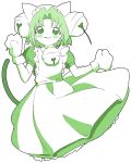  1girl :3 animal_hands animal_hat bell blush_stickers cat_hat cat_tail clothes_lift commentary_request cropped_legs curtained_hair dejiko di_gi_charat dress gloves green_theme grin hair_bell hair_ornament hands_up hat highres jingle_bell looking_at_viewer maid monochrome neck_bell paw_gloves piezo puffy_short_sleeves puffy_sleeves short_hair short_sleeves simple_background skirt skirt_lift smile solo tail tail_raised two_side_up w_arms white_background wind wind_lift 