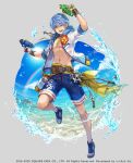  1boy arms_up belt blue_eyes blue_hair blue_sky brown_belt copyright_notice fayt_leingod full_body grey_background gun hagiya_kaoru hair_between_eyes happy holding holding_gun holding_weapon hood hoodie jewelry looking_at_viewer male_focus navel necklace official_art one_eye_closed open_clothes open_hoodie open_mouth rainbow sandals short_hair shorts simple_background sky smile solo standing standing_on_one_leg star_ocean star_ocean_anamnesis star_ocean_till_the_end_of_time sun water water_gun weapon 