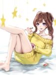  1girl :p bare_legs barefoot blue_eyes blush brown_hair dress food haagen-dazs ice_cream ichinose_shiki idolmaster idolmaster_cinderella_girls idolmaster_cinderella_girls_starlight_stage legs legs_up long_hair looking_at_viewer side_ponytail single_bare_shoulder sitting solo star_(symbol) sweater sweater_dress tongue tongue_out yellow_dress ykcocoro_game 