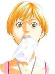  brown_eyes chain_necklace face failure graphite_(medium) jewelry lips marker_(medium) mouth_hold necklace orange_hair original rock_(worldend724) short_hair sign solo traditional_media translated 