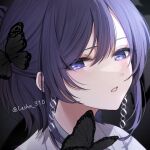  1girl asahina_mafuyu bug butterfly earrings half_updo highres jewelry looking_at_viewer lushuao medium_hair parted_lips portrait project_sekai purple_eyes solo 