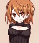  1girl alternate_costume black_sweater brown_background brown_eyes brown_hair brown_theme cleavage_cutout closed_mouth clothing_cutout commentary_request dot_nose hair_between_eyes i.u.y light_blush long_bangs looking_at_viewer medium_hair meme_attire messy_hair misaka_worst open-chest_sweater ribbed_sweater simple_background smile solo sweater toaru_majutsu_no_index turtleneck upper_body v-shaped_eyebrows 