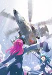  aircraft blue_hair bow from_below hair_bow hat hat_removed headwear_removed helicopter highres holding holding_hat kamov_ka-50 long_hair mittens motion_blur multiple_girls open_mouth original outstretched_arms pink_hair red_eyes ribbon rinz scarf smile snow spread_arms star waving wind 