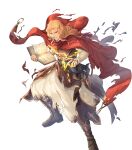  1boy arlen_(fire_emblem) blonde_hair book brown_footwear cape clenched_teeth damaged fire_emblem fire_emblem:_mystery_of_the_emblem fire_emblem_heroes highres holding holding_book hood hooded_cape medium_hair non-web_source official_art red_cape solo teeth torn_cape torn_clothes v-shaped_eyebrows wavy_hair 