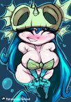  1girl annetta_fish_(rayman) bare_shoulders bikini bikini_top_only blue_background blue_hair blush breasts cleavage closed_eyes covering_crotch covering_privates darknud gloves hat heart highres huge_breasts large_breasts no_panties nymph patreon_logo patreon_username rayman_(series) rayman_origins smile solo swimsuit thighhighs wide_hips 