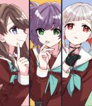  3girls aqua_neckerchief black_choker black_gloves bob_cut brown_dress brown_hair choker closed_mouth diagonal_bangs dress finger_to_mouth finger_to_own_chin from_side fujishima_megumi gloves green_eyes grey_hair hair_ornament hair_over_shoulder hasu_no_sora_school_uniform highres index_finger_raised inverted_bob kanduki_kamibukuro link!_like!_love_live! long_hair long_sleeves looking_ahead looking_at_viewer love_live! multicolored_hair multiple_girls neckerchief otomune_kozue parted_lips purple_eyes purple_hair red_eyes red_hair sailor_collar sailor_dress school_uniform short_hair side_ponytail sidelocks smile star_(symbol) star_hair_ornament upper_body white_sailor_collar winter_uniform yugiri_tsuzuri 