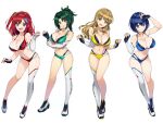  4girls absurdres asymmetrical_clothes asymmetrical_legwear ayato_utae bikini blonde_hair blue_bikini breasts cleavage dolphin_hair_ornament dolphin_wave elbow_gloves fingerless_gloves full_body gloves green_bikini green_eyes green_hair hair_ornament harunami_anri highres large_breasts legs midriff multiple_girls navel official_art ootomo_takuji red_bikini red_hair sakimiya_iruka solo swimsuit thighhighs thighs third-party_edit tojou_michiru white_background yellow_bikini yellow_eyes 