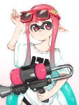  1girl aqua_hair closed_mouth daturawr english_commentary eyelashes eyewear_on_head gradient_hair gun hand_on_headwear highres holding holding_gun holding_weapon inkling inkling_girl inkling_player_character long_hair multicolored_hair octoshot_(splatoon) pointy_ears print_shirt red-framed_eyewear red_eyes red_hair shirt simple_background solo splatoon_(series) sunglasses tentacle_hair thick_eyebrows two-tone_hair upper_body very_long_hair weapon white_background white_shirt 