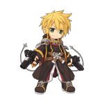  1boy bandolier belt black_coat black_footwear blonde_hair blue_eyes boots brown_belt buttons chain chibi closed_mouth coat cross double-breasted dual_wielding emblem epaulettes full_body gold_trim gun hair_between_eyes handgun holding holding_gun holding_weapon long_bangs long_sleeves looking_at_viewer male_focus military_uniform official_art pants pants_tucked_in ragnarok_online rebellion_(ragnarok_online) revolver scope shell_casing short_hair simple_background smile solo split_mouth standing tachi-e transparent_background uniform v-shaped_eyebrows weapon white_pants yuichirou 