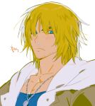  1boy athanjccgg bara blonde_hair blush eyelashes forked_eyebrows highres huge_eyebrows ken_masters looking_to_the_side male_focus medium_hair pectoral_cleavage pectorals portrait runny_nose snot solo sparse_stubble street_fighter street_fighter_6 