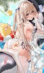  1girl absurdres anchorage_(azur_lane) anchorage_(dolphins_and_swim_lessons)_(azur_lane) ass azur_lane bikini from_behind hair_ribbon heart heart-shaped_eyewear highres inflatable_orca inflatable_toy jacket light_brown_hair long_hair looking_at_viewer manjuu_(azur_lane) no_shoes official_alternate_costume pannko6216 ribbon see-through see-through_jacket see-through_sleeves smile starfish swimsuit thighhighs twintails wet_thighhighs white_bikini white_thighhighs 