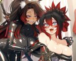  2girls animal_ear_fluff bent_over black_bodysuit black_hair blue_eyes blush bodysuit breasts catyla_(bird8700) cluseller commentary covering_breasts covering_privates dark-skinned_female dark_skin fang kirih_shiraishi_(sword_scream) large_breasts long_hair multicolored_hair multiple_girls open_mouth original ponytail red-framed_eyewear red_hair sharp_teeth smile symbol-only_commentary teeth two-tone_hair undressing yuri 