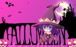  bat castle crescent_moon halloween hat highres jack-o'-lantern kokonobi moon original pumpkin solo wallpaper witch_hat 