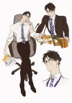  1boy akaashi_keiji black_eyes black_hair black_jacket black_pants blue_necktie book business_casual chengongzi123 closed_mouth collared_jacket collared_shirt crossed_legs elbow_rest english_commentary full_body furrowed_brow glasses haikyuu!! hand_on_own_face head_rest highres holding holding_book jacket lanyard long_sleeves looking_at_viewer male_focus microphone multiple_views necktie office pants podium rimless_eyewear shirt short_hair simple_background sitting striped_necktie swivel_chair very_short_hair white_background white_shirt 