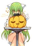  animal_ears c.c. cat_ears code_geass creayus duplicate green_hair halloween happy_halloween jack-o'-lantern kemonomimi_mode long_hair pumpkin sketch solo tail white_background 