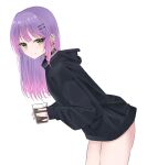  1girl barbell_piercing black_choker black_hoodie blush breasts choker coffee cup dreamoon drinking_glass ear_piercing green_eyes hair_ornament hairclip highres holding holding_cup hololive hood hoodie industrial_piercing leaning_forward light_smile long_hair looking_at_viewer multicolored_hair piercing pink_hair purple_hair sleeves_past_wrists small_breasts solo thighs tokoyami_towa virtual_youtuber 