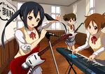  band bass_guitar black_hair brown_eyes brown_hair electric_guitar guitar highres hirasawa_ui instrument k-on! long_hair multiple_girls nakano_azusa natu_(natu-tobira) neck_ribbon plectrum ponytail red_ribbon ribbon school_uniform short_hair suzuki_jun synthesizer twintails 