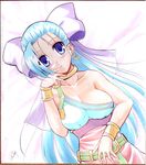  blue_eyes blue_hair bow bracelet breasts c.r. choker dragon_quest dragon_quest_v earrings flora hair_bow half_updo jewelry large_breasts long_hair marker_(medium) millipen_(medium) pink_bow shikishi solo traditional_media 