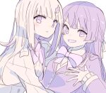  2girls :d blazer blush bow bowtie hair_ribbon half_updo hand_on_own_chest jacket leaning_on_person lize_helesta long_hair long_sleeves looking_at_viewer monochrome multiple_girls nijisanji open_mouth purple_bow purple_bowtie purple_eyes purple_hair purple_jacket ribbon sidelocks smile sou_(tuhut) straight_hair tsukino_mito virtual_youtuber white_hair white_jacket yuri 