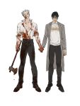  2boys akaashi_keiji axe black_eyes black_footwear black_hair black_pants blood blood_on_arm blood_on_chest blood_on_clothes blood_on_face blood_on_hands blood_on_weapon bokuto_koutarou chengongzi123 coat collared_coat collared_shirt commentary full_body glasses grey_coat grey_hair haikyuu!! highres holding holding_axe holding_hands looking_at_viewer male_focus multicolored_hair multiple_boys pants parted_lips plunging_neckline shirt shoes short_hair simple_background slit_pupils standing streaked_hair sweater symbol-only_commentary thick_eyebrows very_short_hair weapon white_background white_shirt yellow_eyes 