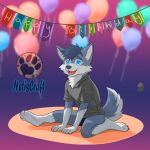 anthro balloon birthday blue_eyes blue_hair canid canine canis fur grey_body grey_fur hair happy happy_birthday hi_res huggable inflatable invalid_tag male mammal netiscraft paws rope sign sitting solo tail wolf