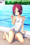  barefoot day feet flat_chest hands highres kneeling legs norizou_type-r one-piece_swimsuit original outdoors pool poolside red_eyes red_hair school_swimsuit short_hair solo swimsuit water white_school_swimsuit white_swimsuit 