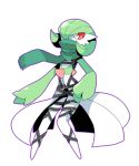  belt bob_cut colored_skin dress gardevoir green_hair green_scarf hair_over_one_eye looking_at_viewer multicolored_skin multiple_belts pink_eyes pokemon pokemon_(creature) scarf simple_background two-tone_skin white_background white_dress white_skin zakro 