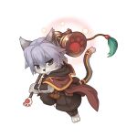  1boy animal_ear_fluff animal_ears barefoot belt brown_belt brown_capelet brown_pants brown_shirt capelet cat_boy cat_ears cat_tail chibi closed_mouth energy_ball expressionless fighting_stance full_body furry furry_male gold_trim grey_eyes grey_hair hair_between_eyes hammer holding holding_hammer looking_at_viewer male_focus medium_bangs official_art pants paw_print ragnarok_online shirt short_hair simple_background solo summoner_(ragnarok_online) tachi-e tail tail_around_own_leg tassel transparent_background v-shaped_eyebrows vambraces whiskers yuichirou 