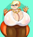 anthro big_breasts blonde_hair bottomwear breasts buckteeth cleavage clothed clothing female geebie33 hair hi_res huge_breasts huge_hips huge_thighs jewelry lagomorph leporid looking_at_viewer mammal necklace pants patricia_bunny rabbit shirt smile solo tan_body teeth the_looney_tunes_show thick_thighs topwear warner_brothers wide_hips