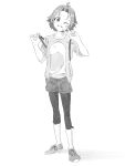  1girl antenna_hair blush_stickers collarbone curtained_hair flapper_shirt full_body greyscale grin hands_up head_tilt highres layered_shirt leggings_under_shorts looking_at_viewer monochrome one_eye_closed piezo sasahara_yuuka shirt shoes short_hair shoulder_strap simple_background smile sneakers solo standing strap_pull v yama_no_susume 