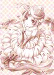  blush bow child commentary_request dress elbow_gloves eyelashes flower frills gloves hat jewelry lace looking_at_viewer monochrome necklace original polka_dot polka_dot_background ribbon solo tongue traditional_media yukinbo78 