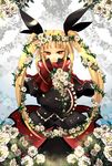  bad_id bad_pixiv_id blazblue blonde_hair bow dress flower gothic_lolita hair_flower hair_ornament head_wreath kuro_yuzu lolita_fashion long_hair rachel_alucard red_bow red_eyes ribbon rose smile solo twintails white_flower white_rose 