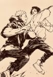  2boys fighting highres holding holding_knife holding_sword holding_weapon itadori_yuuji jujutsu_kaisen katana knife monochrome multiple_boys okkotsu_yuuta suimame sword weapon 