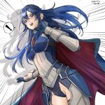  ! 1girl absurdres armor blue_eyes blue_gloves blue_hair blue_leotard blush cape dated eva02asuka0608 faulds fire_emblem fire_emblem_awakening fire_emblem_heroes gloves hair_between_eyes highres leotard looking_down lucina_(fate&#039;s_resolve)_(fire_emblem) lucina_(fire_emblem) official_alternate_costume open_mouth spoken_exclamation_mark sweatdrop teeth tiara 