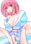  1girl absurdres blue_pajamas blue_panties blue_socks breasts cleavage collarbone commentary_request eguchi_tomoka highres kou_iu_no_ga_ii large_breasts looking_at_viewer off_shoulder open_mouth pajamas panties pink_eyes pink_hair short_hair simple_background sitting socks solo souryu striped_clothes striped_pajamas striped_socks thighs underwear white_background 