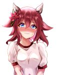  1girl alternate_costume animal_ears blue_eyes blush breasts closed_mouth commentary_request ear_covers ear_ornament flower hair_between_eyes hair_flaps hair_flower hair_ornament horse_ears horse_girl looking_at_viewer medium_breasts pink_hair portrait sakura_chiyono_o_(umamusume) shirt short_sleeves simple_background solo sweat umamusume white_background white_shirt yangyue_mao 