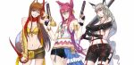  3girls animal_ears belt_pouch black_gloves blazblue blue_eyes blue_hair breasts brown_hair cat_ears cat_girl cat_tail cleavage commission copyright_request cosplay final_fantasy final_fantasy_x final_fantasy_x-2 frown glasses gloves gradient_hair green_hair gun highres holding holding_gun holding_weapon holo kokonoe_(blazblue) long_hair looking_at_viewer miniskirt multicolored_hair multiple_girls navel one_eye_closed open_mouth orange_eyes paine_(ff10) paine_(ff10)_(cosplay) panty_straps parted_lips pink_hair pouch red_eyes rikku_(ff10) rikku_(ff10)_(cosplay) short_shorts shorts skirt smile spice_and_wolf sword swordwaltzworks tail teeth thighs two-tone_hair v weapon white_background wolf_ears wolf_girl wolf_tail yuna_(ff10) yuna_(ff10)_(cosplay) yuzuruha 