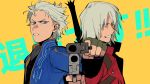  2boys blue_coat blue_eyes coat dante_(devil_may_cry) devil_may_cry_(series) devil_may_cry_3 ebony_&amp;_ivory fingerless_gloves gloves gun handgun highres holding looking_at_viewer male_focus multiple_boys red_coat siblings smile twins vergil_(devil_may_cry) weapon weibo_2285870614 white_hair 